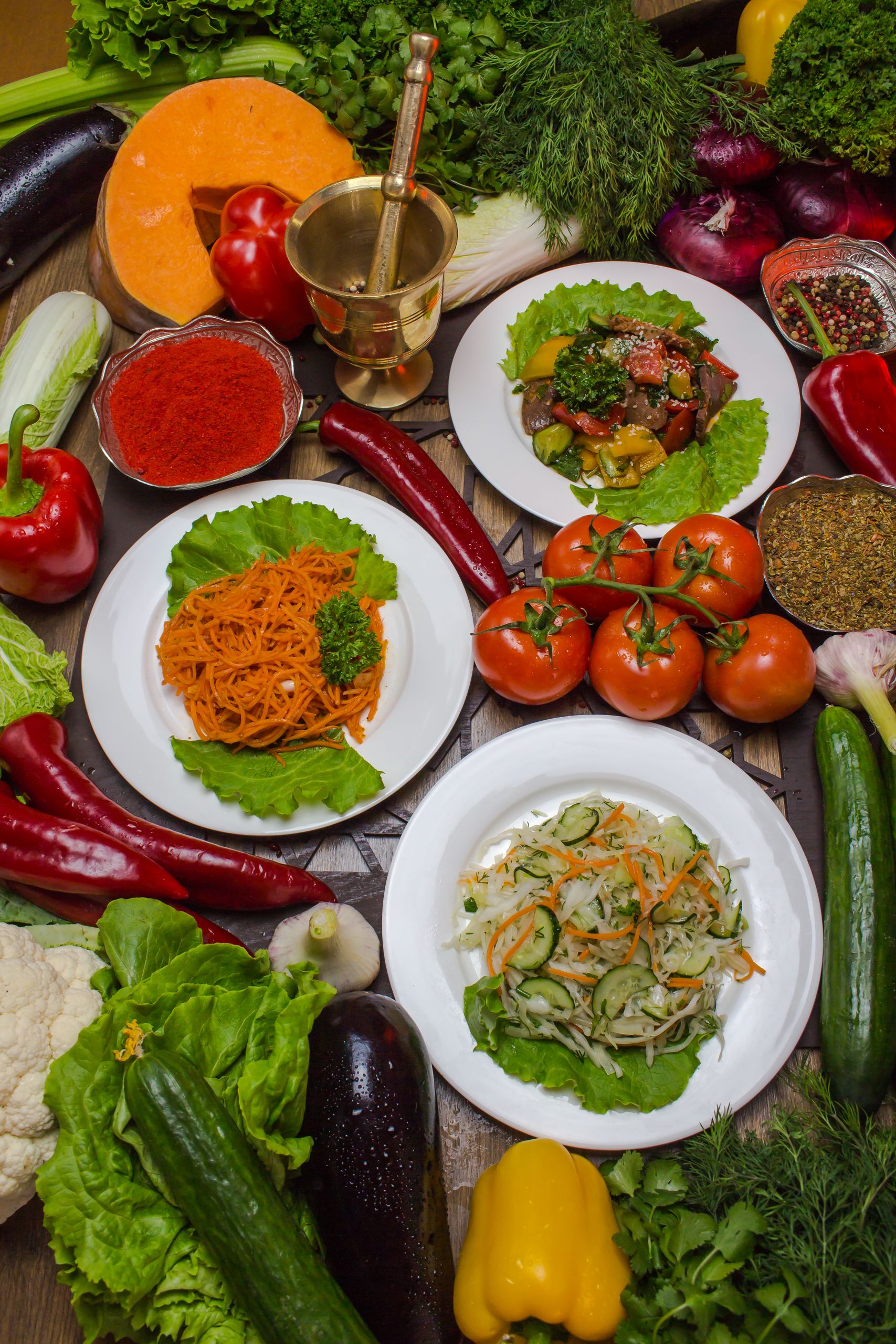 Vibrant display of organic vegetables and salads highlighting fresh, healthy ingredients.